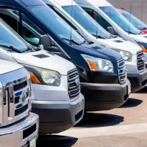 A row of parked white and black vans with visible front grilles and windshields in a parking lot.