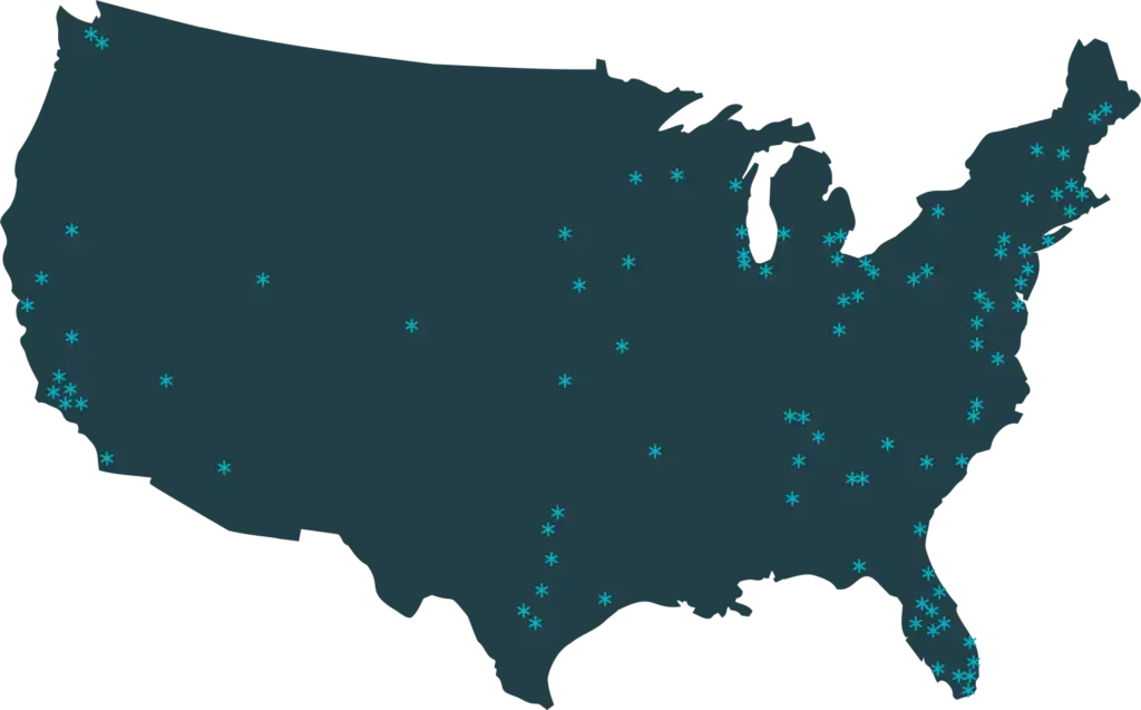 A dark map of the United States shows turquoise asterisks clustered predominantly in the eastern half and along the West Coast.