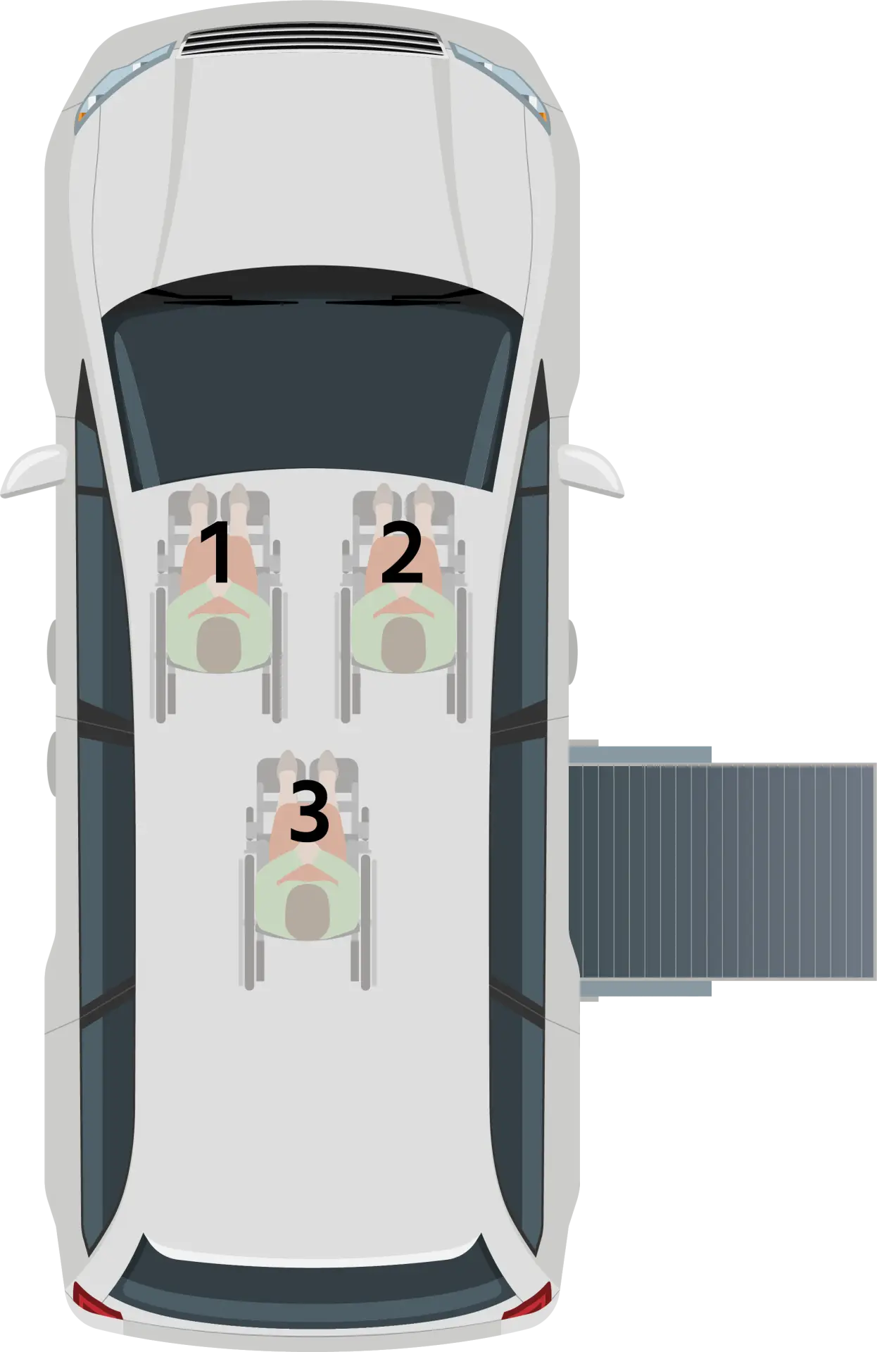 Illustration of a car interior with three wheelchair passengers, numbered 1 to 3, seated in the vehicle.