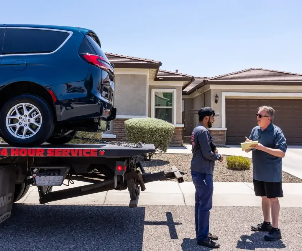 A man in a cap and uniform talks to another man with a clipboard next to a used wheelchair van in Mesa on a tow truck in front of a house.