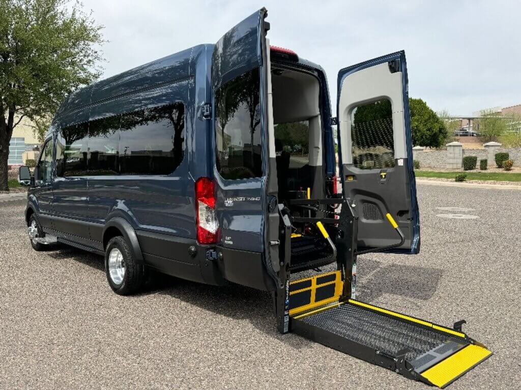 Blue Ford Transit with BraunAbility Rear Entry Automatic Fold Out conversion