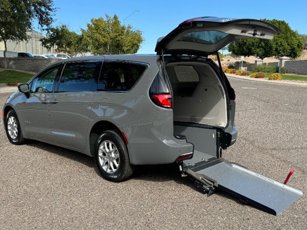 Grey Chrysler Pacifica with Driverge Rear Entry Manual Fold Out conversion