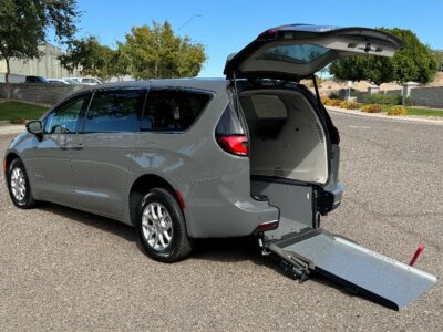 Grey Chrysler Pacifica with Driverge Rear Entry Manual Fold Out conversion