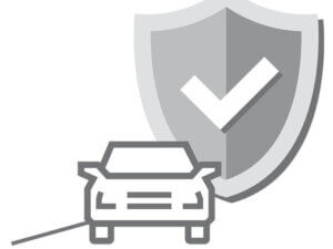 A grayscale illustration of a car in front of a shield with a checkmark, symbolizing automotive safety or car insurance.
