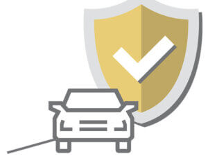 Line drawing of a car in front of a gold shield with a check mark, symbolizing vehicle safety, security, or insurance.