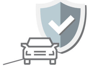 Line drawing of a car in front of a shield with a checkmark, symbolizing car safety or auto insurance.
