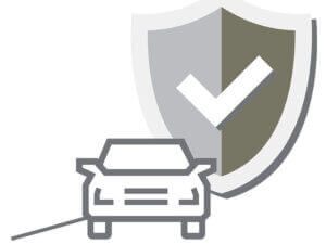Simple illustration of a car in front of a shield with a checkmark, representing vehicle protection or car insurance.