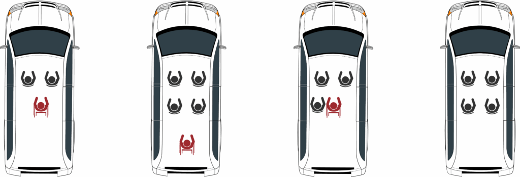 Top view of four cars, each with different combinations of black and red child seat icons indicating various seating arrangements for children.