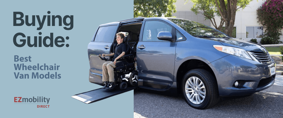 A person in a power wheelchair uses a ramp to enter a gray van. Text reads: “Buying Guide: Best Wheelchair Van Models. EZ Mobility Direct.”.
