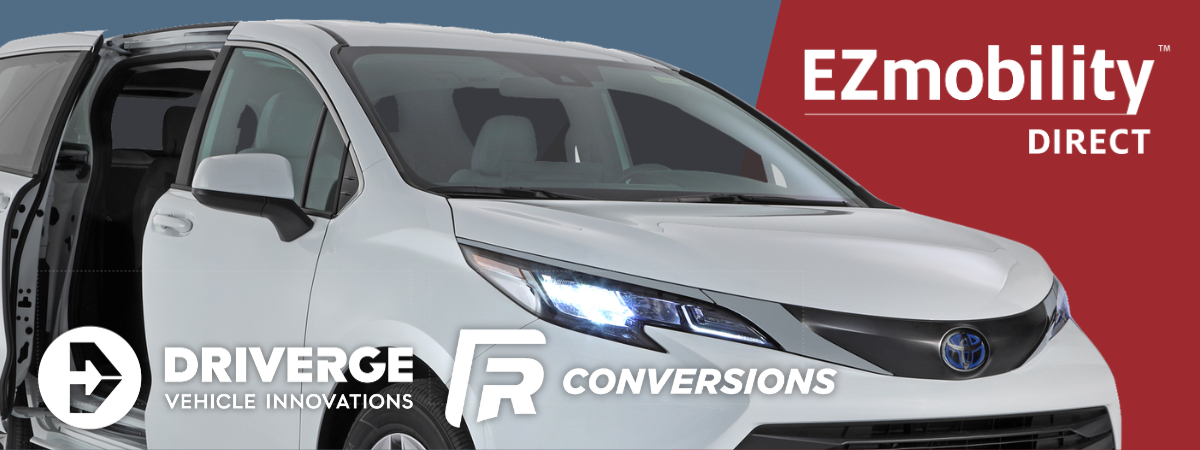 A white minivan with its side door open is displayed alongside the EZmobility Direct, Driverge Vehicle Innovations, and FR Conversions logos.