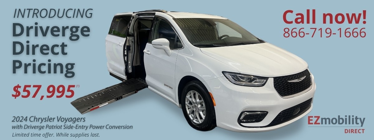 White Chrysler Voyager minivan with a side-entry wheelchair ramp extended, promotional text advertises a $57,995 price and a phone number for Driveerge Direct Pricing at EZmobility DIRECT.