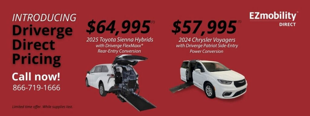 Promotional banner for EZmobility Direct featuring 2025 Toyota Sienna Hybrid and 2024 Chrysler Voyager wheelchair vans with listed prices and contact number.