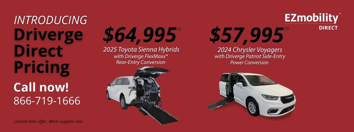 Promotional banner showing Driverge Direct Pricing for wheelchair accessible vehicles: $64,995 for 2025 Toyota Sienna Hybrids, $57,995 for 2024 Chrysler Voyager wheelchair vans. Call 866-719-1666.