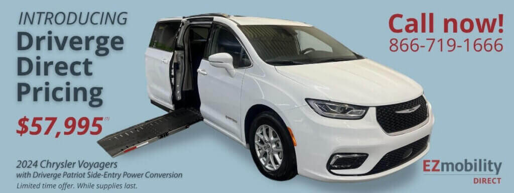 White 2024 Chrysler Voyager minivan with a deployed side-entry wheelchair ramp, promoting Driverge Direct Pricing at $57,995. Contact number and EZmobility Direct logo are shown.