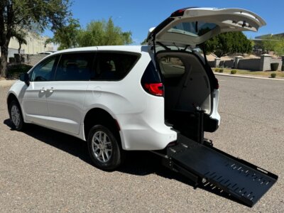 White Chrysler Pacifica with FR Conversions Rear Entry Manual Fold Out conversion