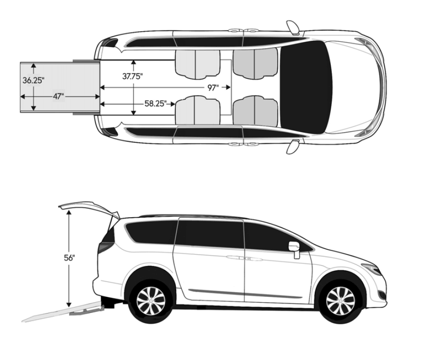 Diagram of a new wheelchair accessible van with a rear-entry ramp, showing interior and ramp dimensions from a top and side view.