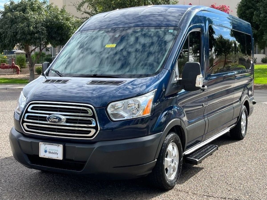 Blue Ford Transit with BraunAbility Rear Entry Automatic Fold Out conversion