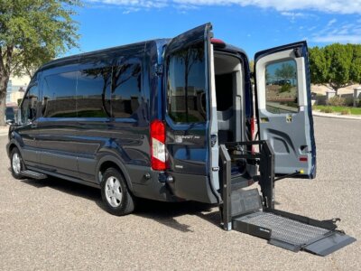 Blue Ford Transit with BraunAbility Rear Entry Automatic Fold Out conversion