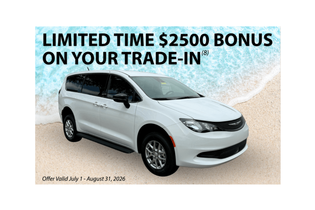 A white minivan is pictured on a beach background. Text reads: Limited time $2500 bonus on your wheelchair van trade-in value. Offer valid July 1 - August 31, 2026.