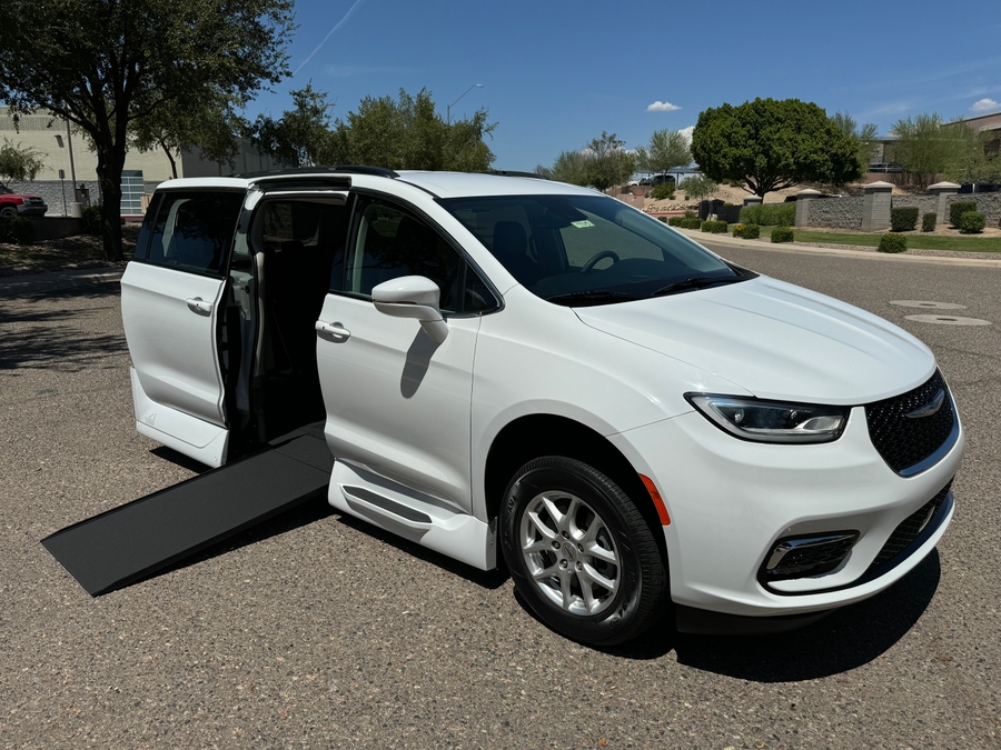 White Chrysler Pacifica with Vantage Mobility Side Entry Automatic In Floor conversion