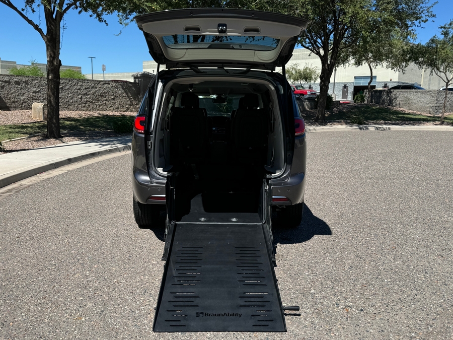 Silver Chrysler Pacifica with BraunAbility Rear Entry Manual Fold Out conversion