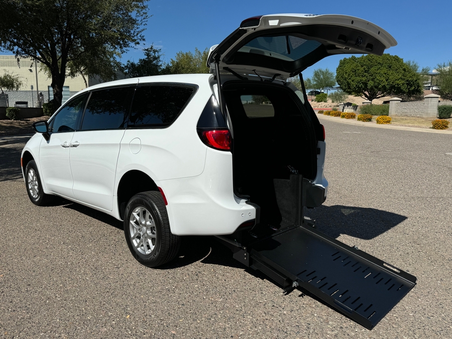 White Chrysler Pacifica with FR Conversions Rear Entry Manual Fold Out conversion