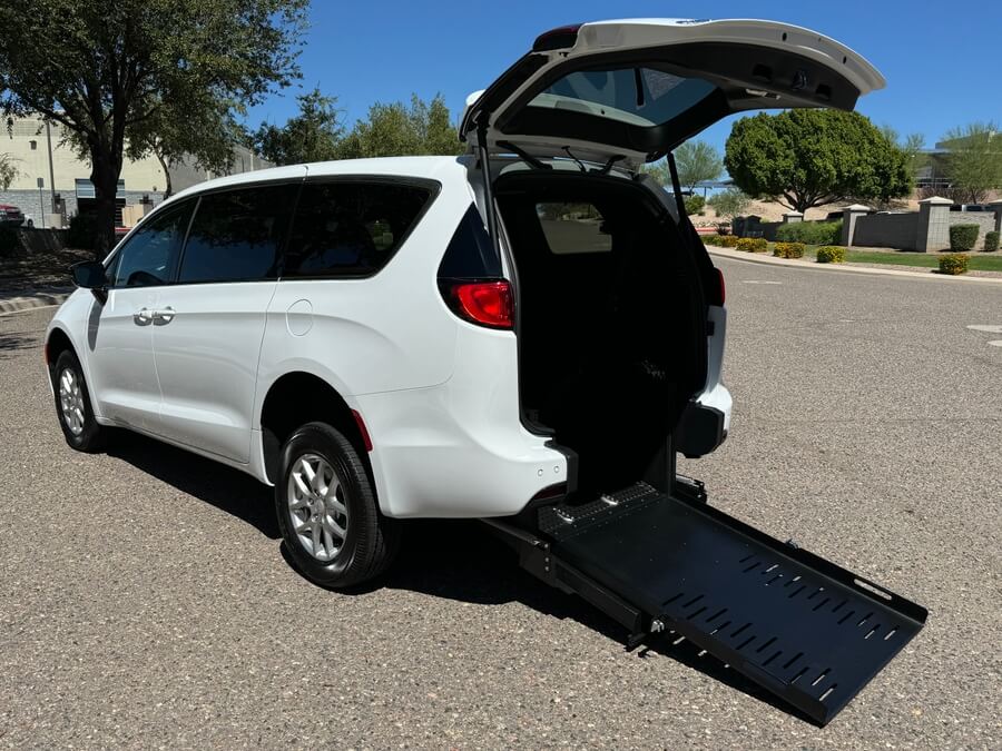 White Chrysler Pacifica with FR Conversions Rear Entry Manual Fold Out conversion